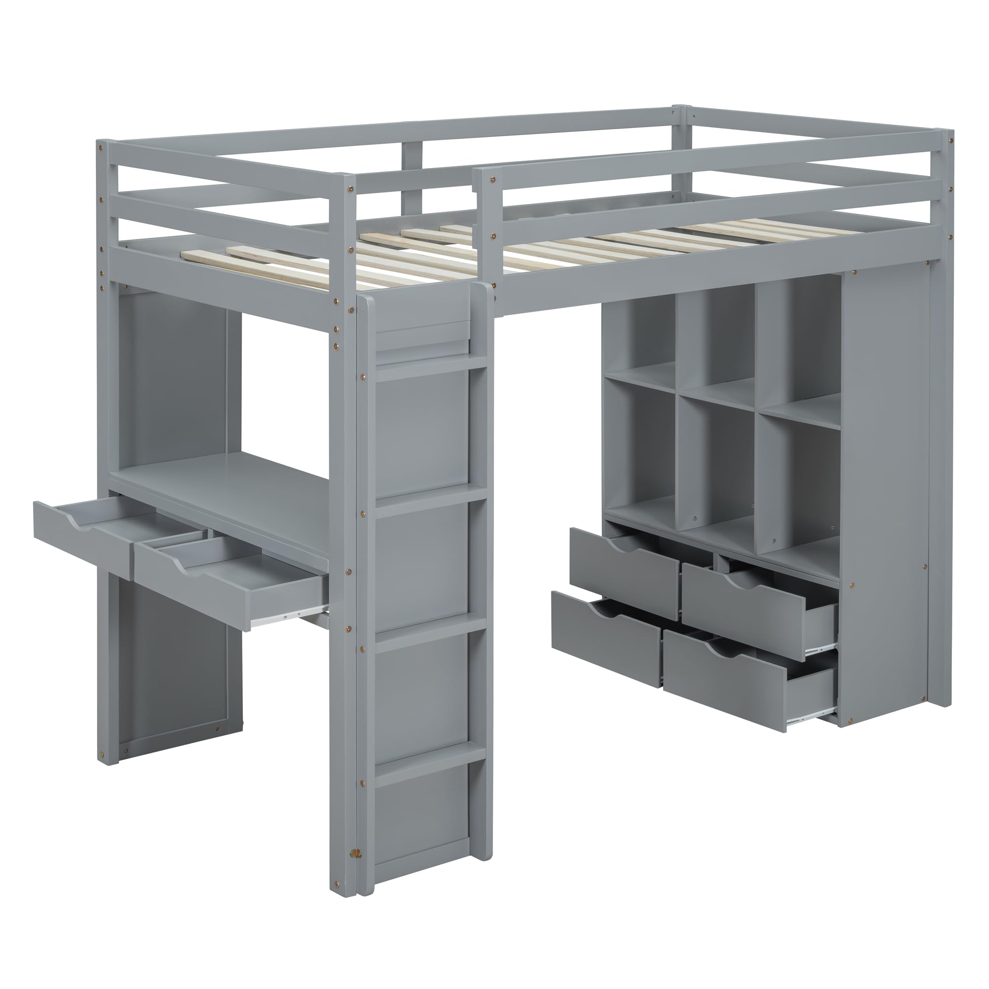 Full-Size Loft Bed with Built-in Desk and LED Light for Kids Teens