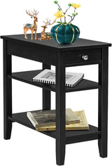 End Table with Drawer, Narrow Side Table with 2-Tier Open Storage Shelves