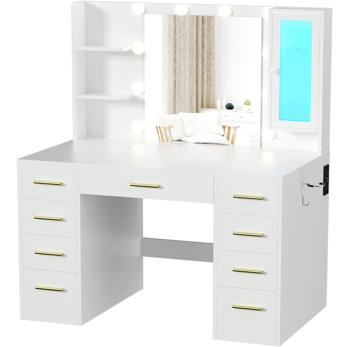 Vanity Desk with Mirror and Lights and Power Outlet, Large 43.3" LED&RGB Lights Makeup Vanity Table