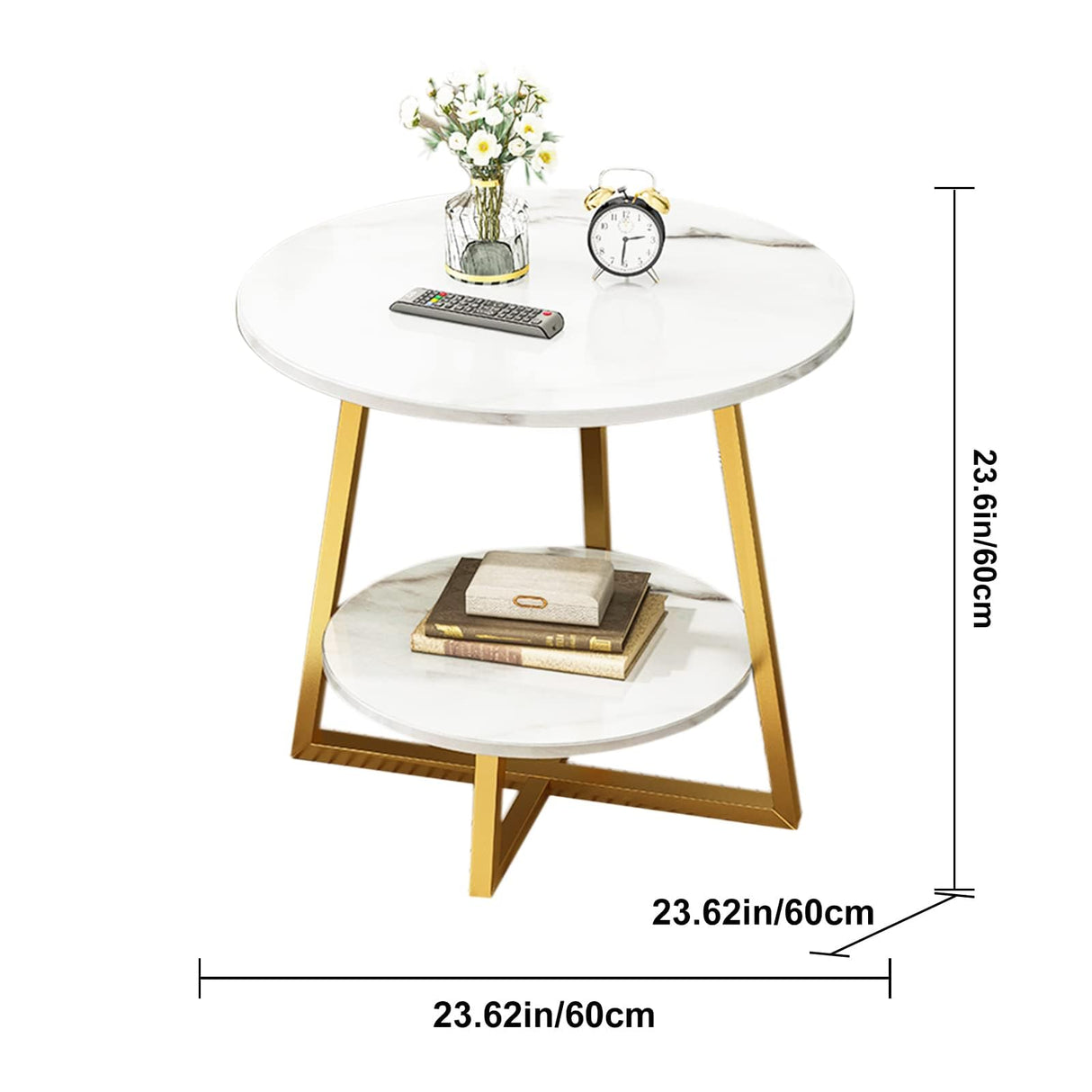 2-Tier White and Gold Round End Table with Marble Texture MDF Top