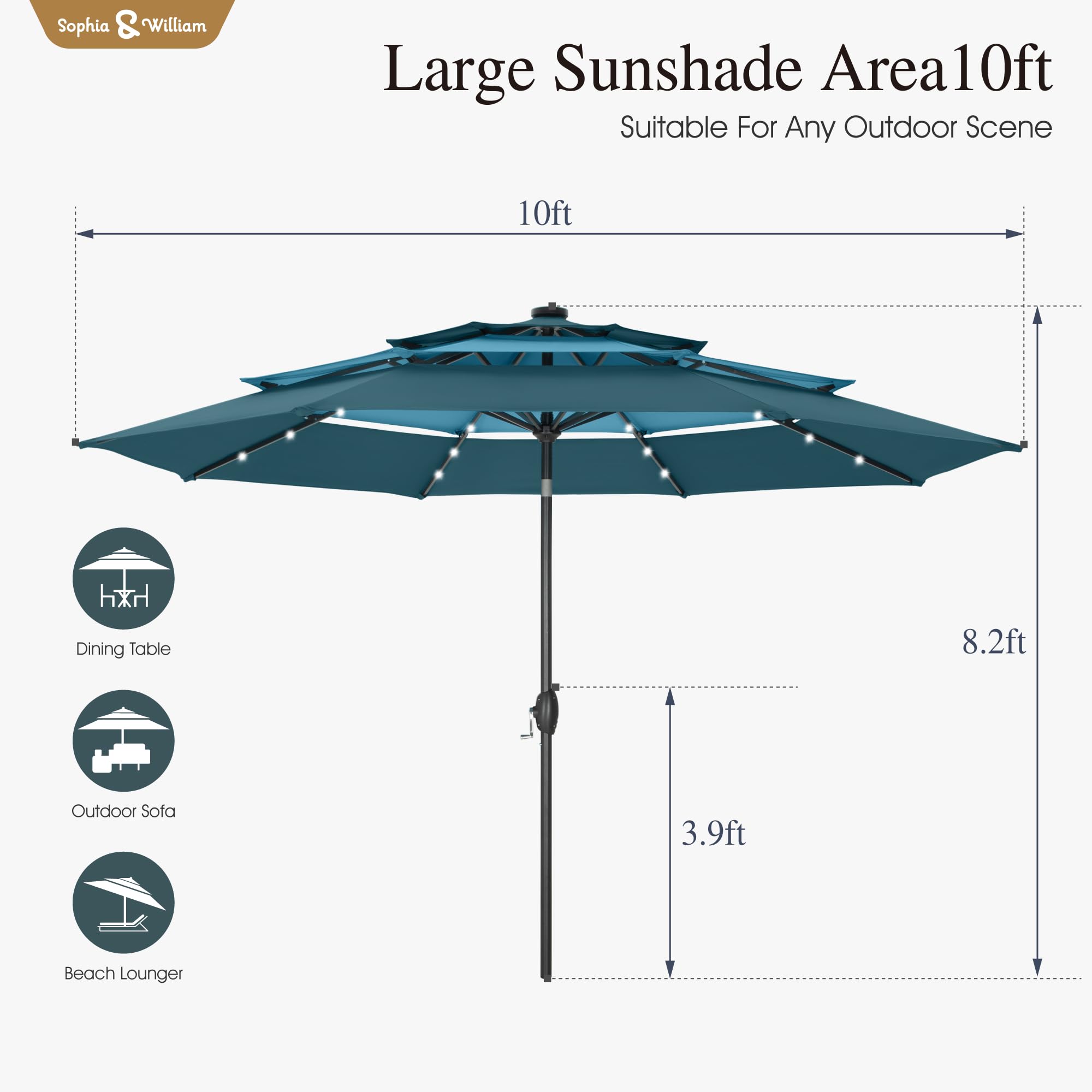 Sophia & William 10ft Patio Umbrellas 3-Tier Umbrella Outdoor Patio Umbrellas with Lights Vented Top 24 LED lights Adjustable Tilt for Pool Garden Backyard, Mixed Peacock