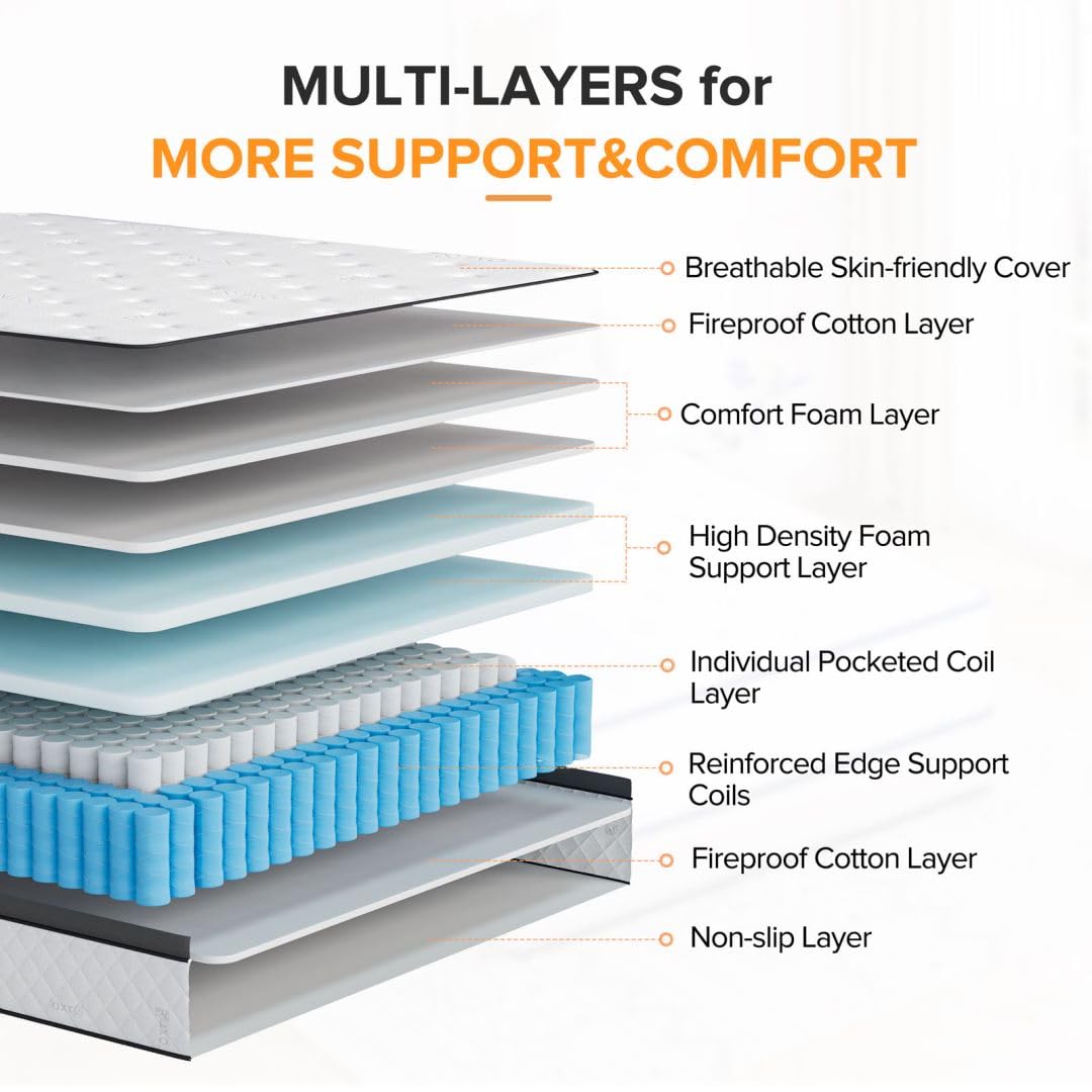 Full Size Mattress, 12 Inch Hybrid Mattress with Individual Pocketed Coil Springs and High Density Foam,