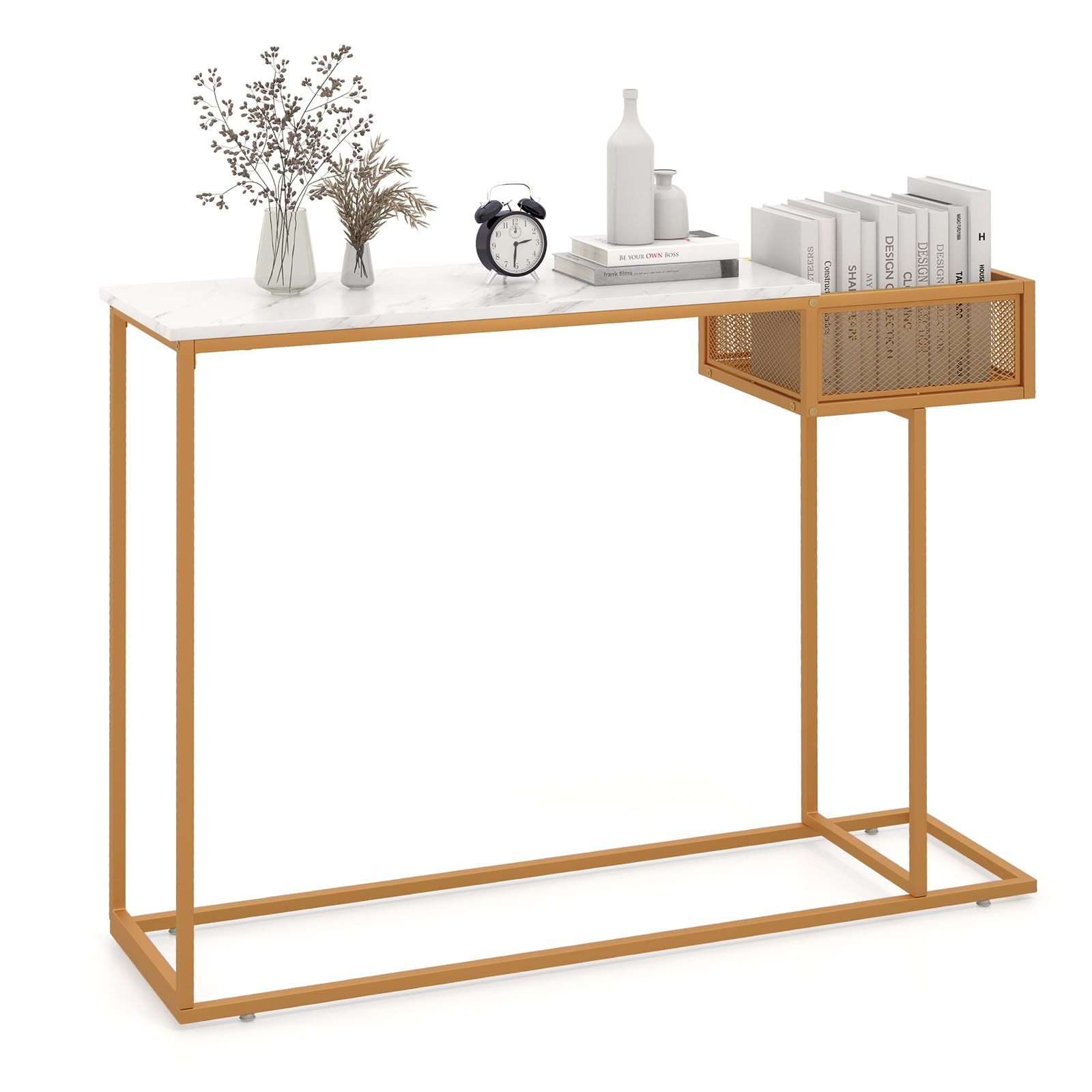 Console Table with Storage - Gold Sofa Table with Storage Basket, Sturdy Metal Frame,
