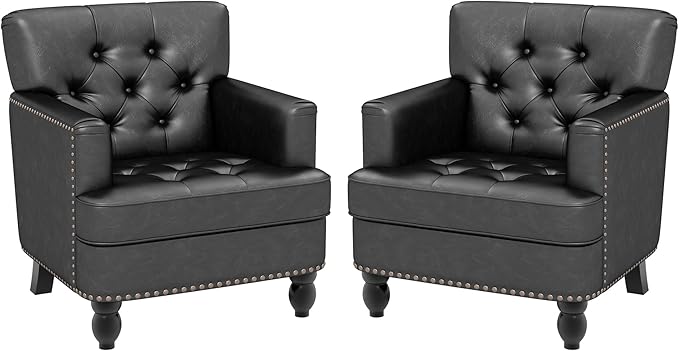 Faux Leather Accent Chair Set of 2, Upholstered Button Tufted Armchair Club Reading