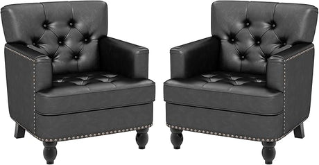 Faux Leather Accent Chair Set of 2, Upholstered Button Tufted Armchair Club Reading