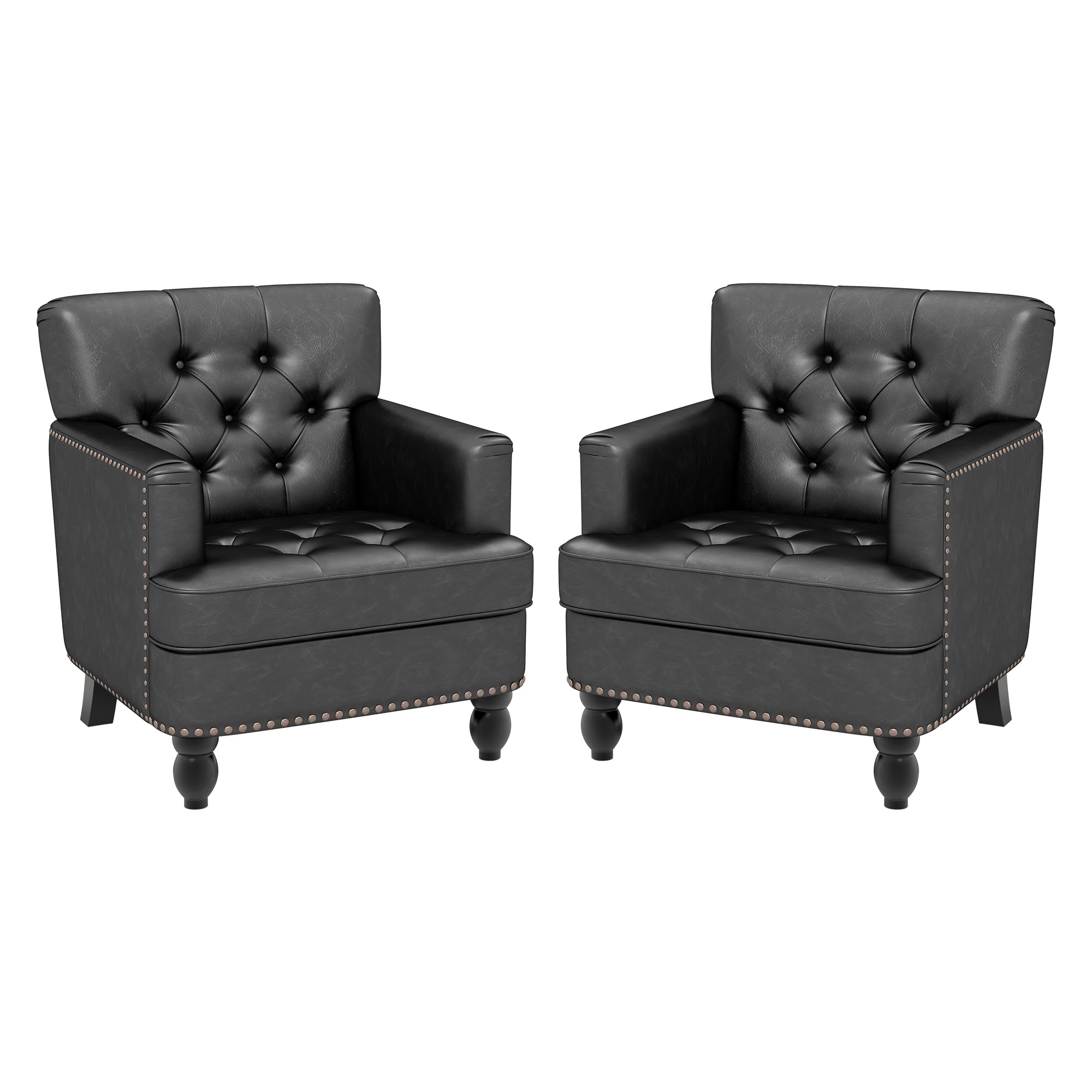 Faux Leather Accent Chair Set of 2, Upholstered Button Tufted Armchair Club Reading