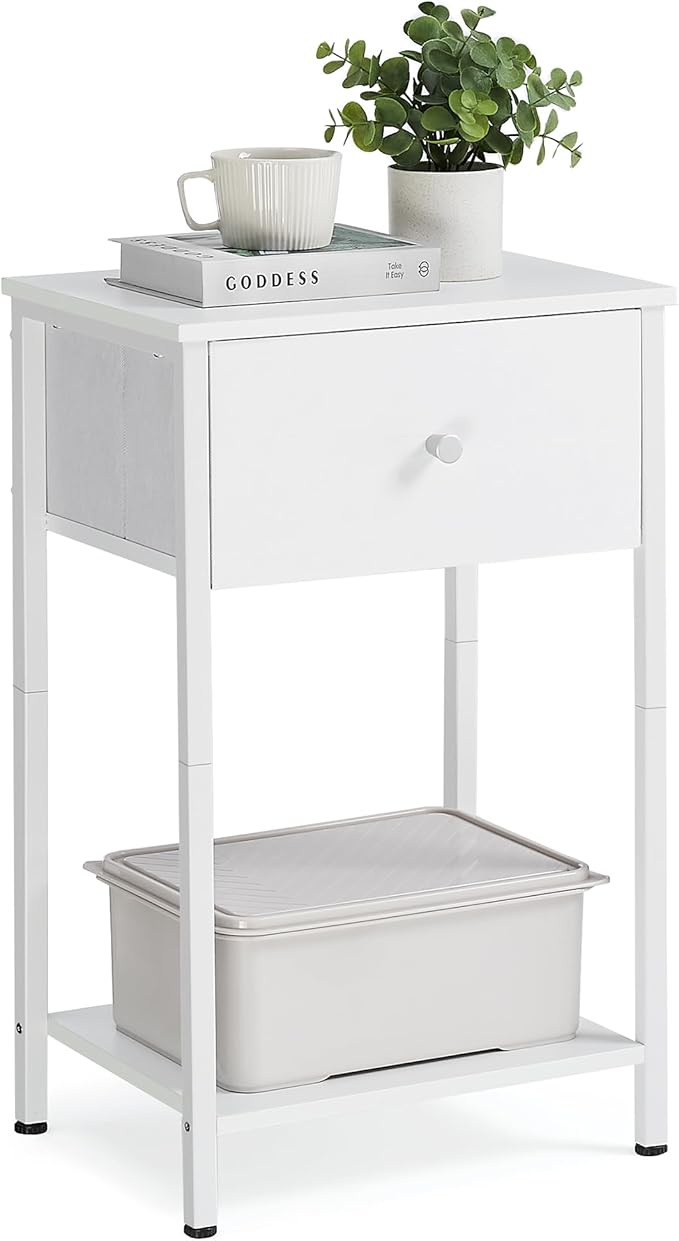 Nightstands, Set of 2 Side Tables with Fabric Drawer, 24-Inch Tall End Tables with Storage Shelf, Bedroom, White ULGS221W14