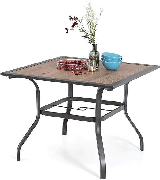 Outdoor Metal Steel Slat Dining Rectangle Table with Adjustable Umbrella Hole