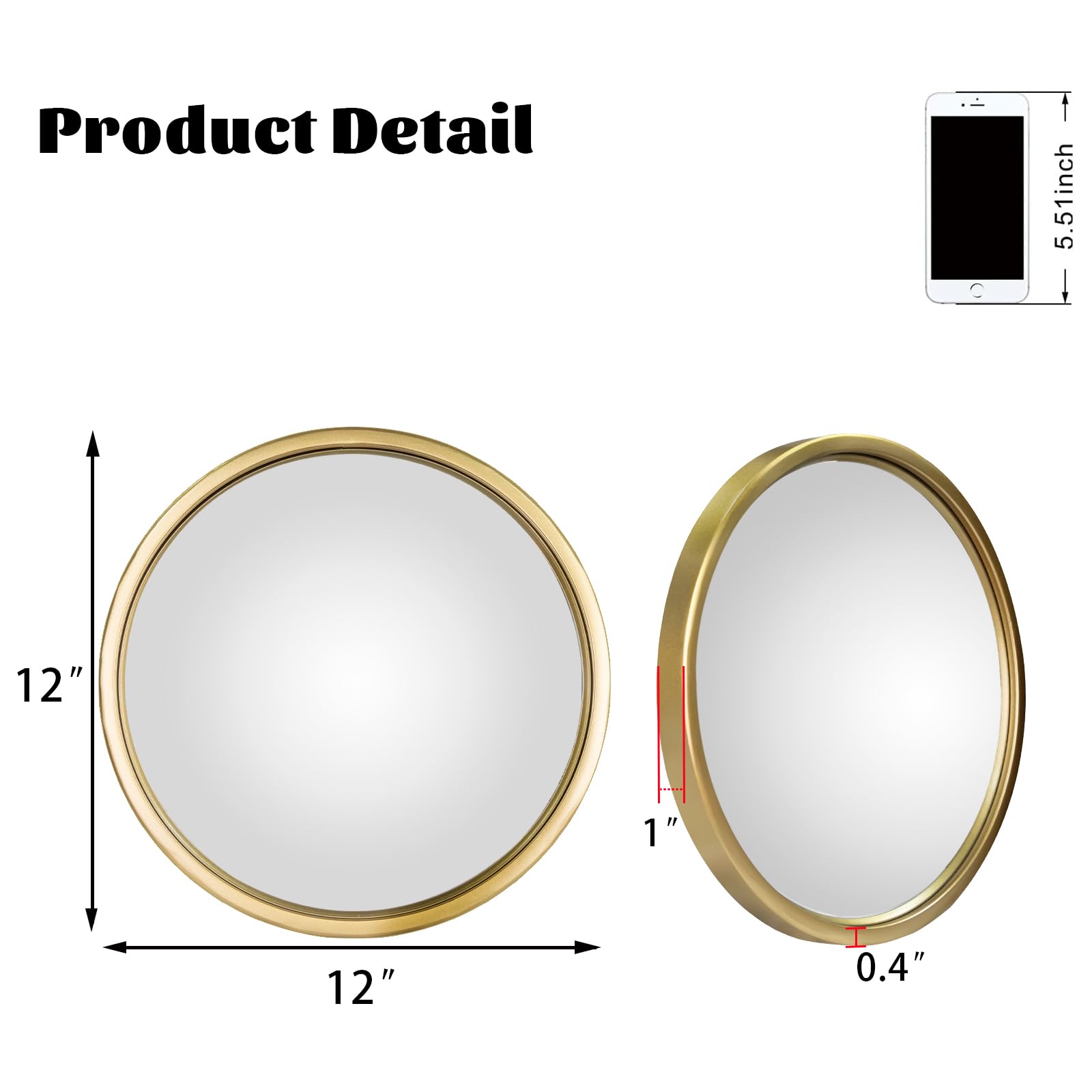 12" Gold Round Convex Mirror - Decorative Wall Mirror