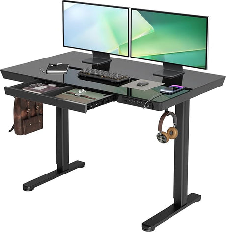 Glass Standing Desk with Drawers, 48×24 Inch Adjustable Stand Up Desk