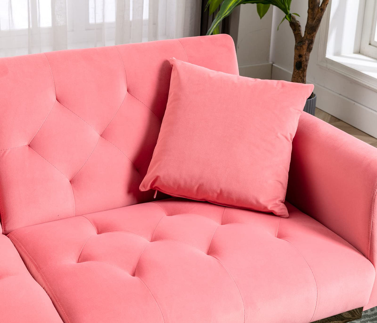 Convertible Velvet Futon Sofa Bed, Upholstered Loveseat Sleeper Couch with 3 Reclining Angles and 2 Pillows, Modern Living Room Sofa Couch with 5 Solid Metal Legs for Guest Room, Office, Peach