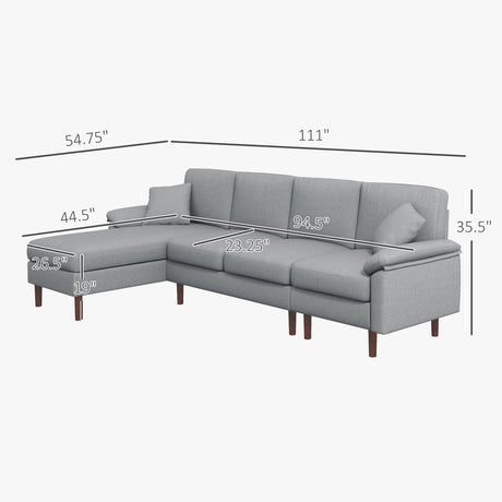 Fabric Sectional Couch with Reversible Sleeper Sofa, Modern L Shaped Sectional Sofa with Pillows, Wooden Legs for Living Room, Apartment and Office, Gray