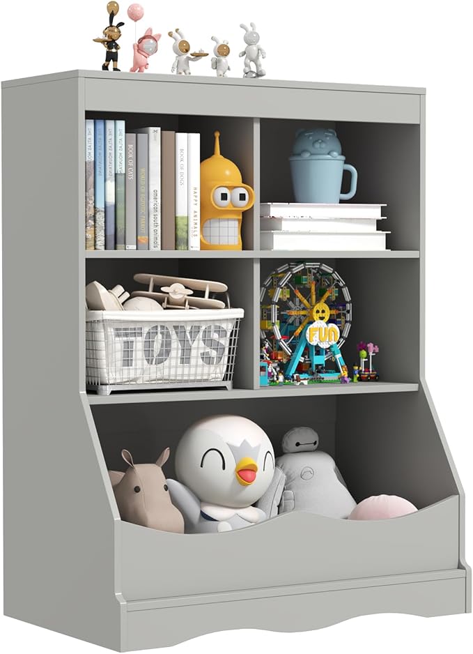 Organizer, Kids Bookshelf with 5 Cubbies & Footboard, Nursery Book Shelves, Playroom