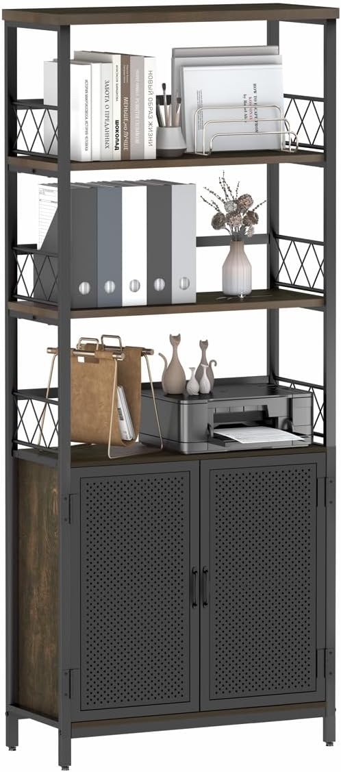 Farmhouse Bookshelf with Storage, Industrial Tall Book Shellf with Doors, Rustic Wood Bookcase with Cabinet for Home Office, Living Room, Classroom (Walnut Brown)