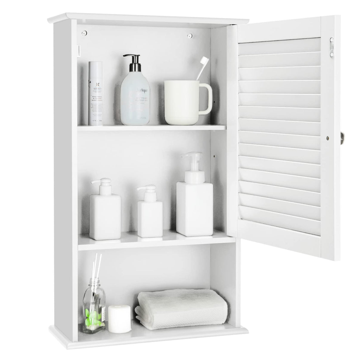 Bathroom Wall Cabinet, Large Capacity Storage Cabinet w/Single Louver Door & Height Adjustable Shelf