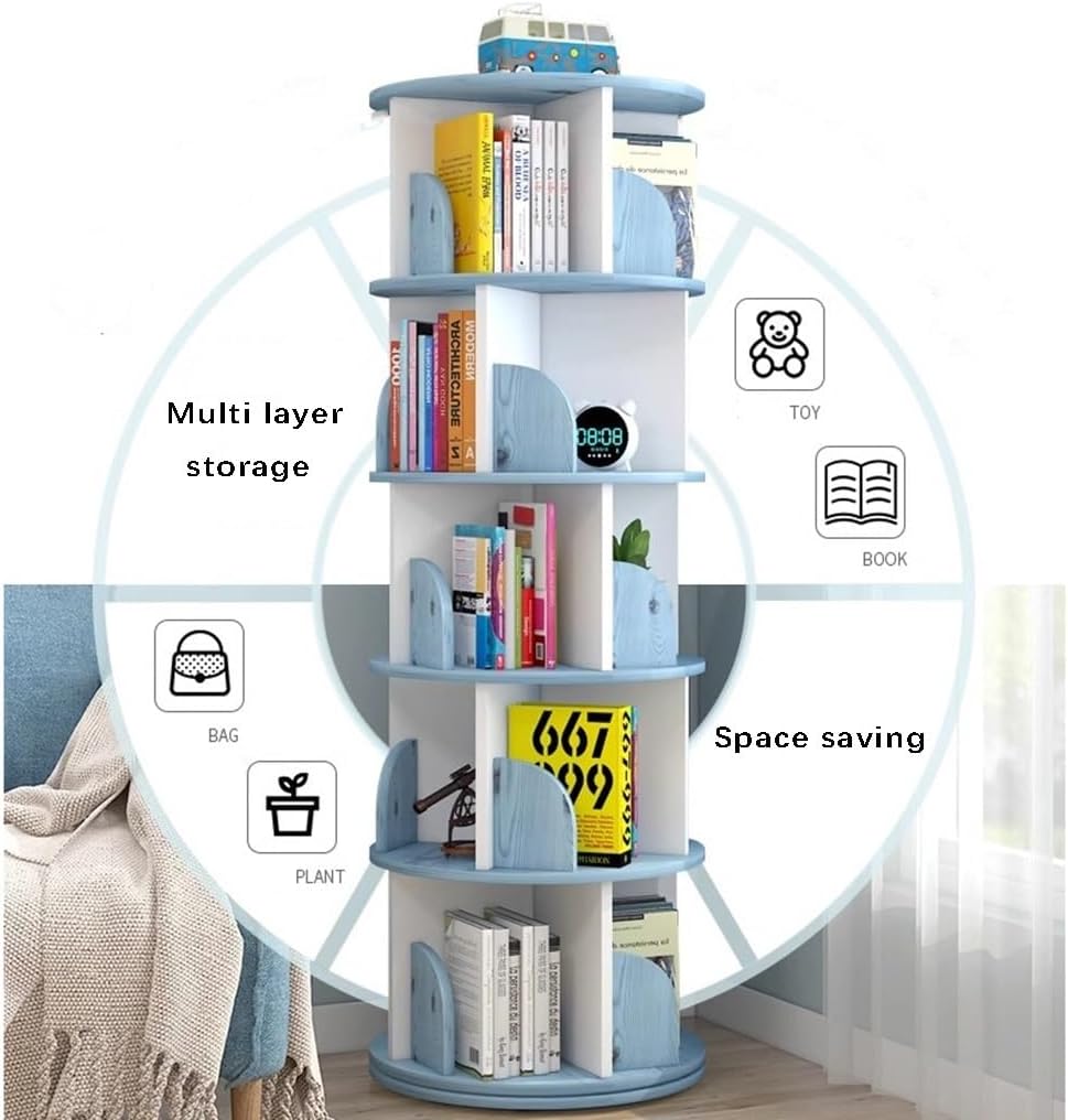 5 Tier Round Rotating Bookshelf, 360° Revolving Bookcase, Floor Rack Simple Bookcase