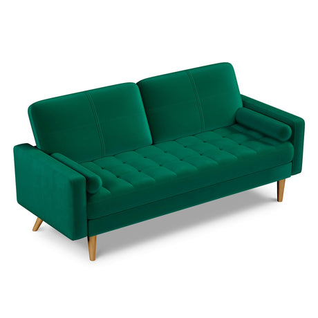 3 Seater Sofa Couch, 70 Inch Velvet Loveseat Sofa with Tufted Seat Cushion and Bolster, Mid Century Modern Couch with Solid Wood Legs for Living Room,Bedroom,Office,Apartment,Vintage Green