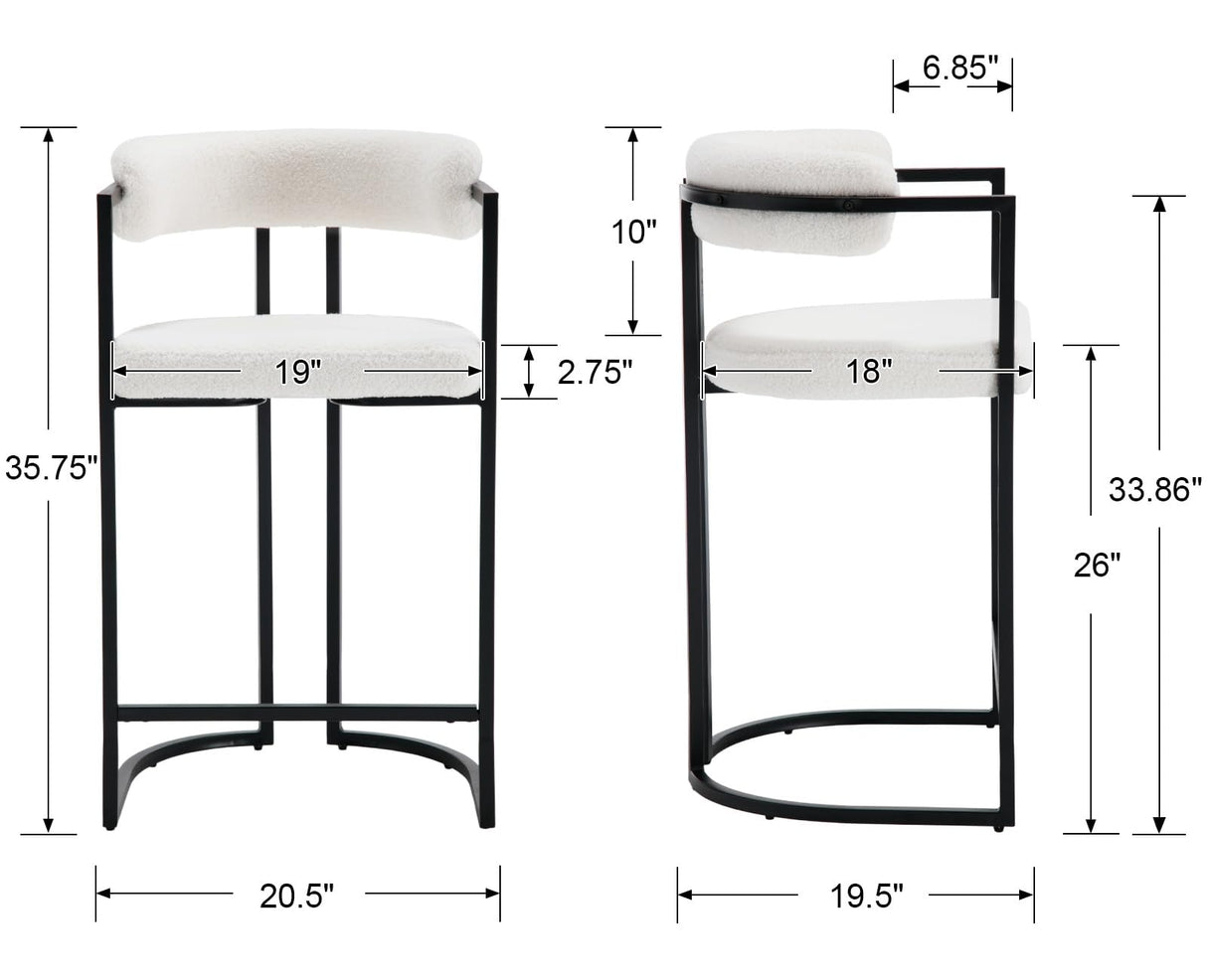 White Boucle Counter Height Bar Stools Set of 2, Modern 26 Inch Barrel Barstools