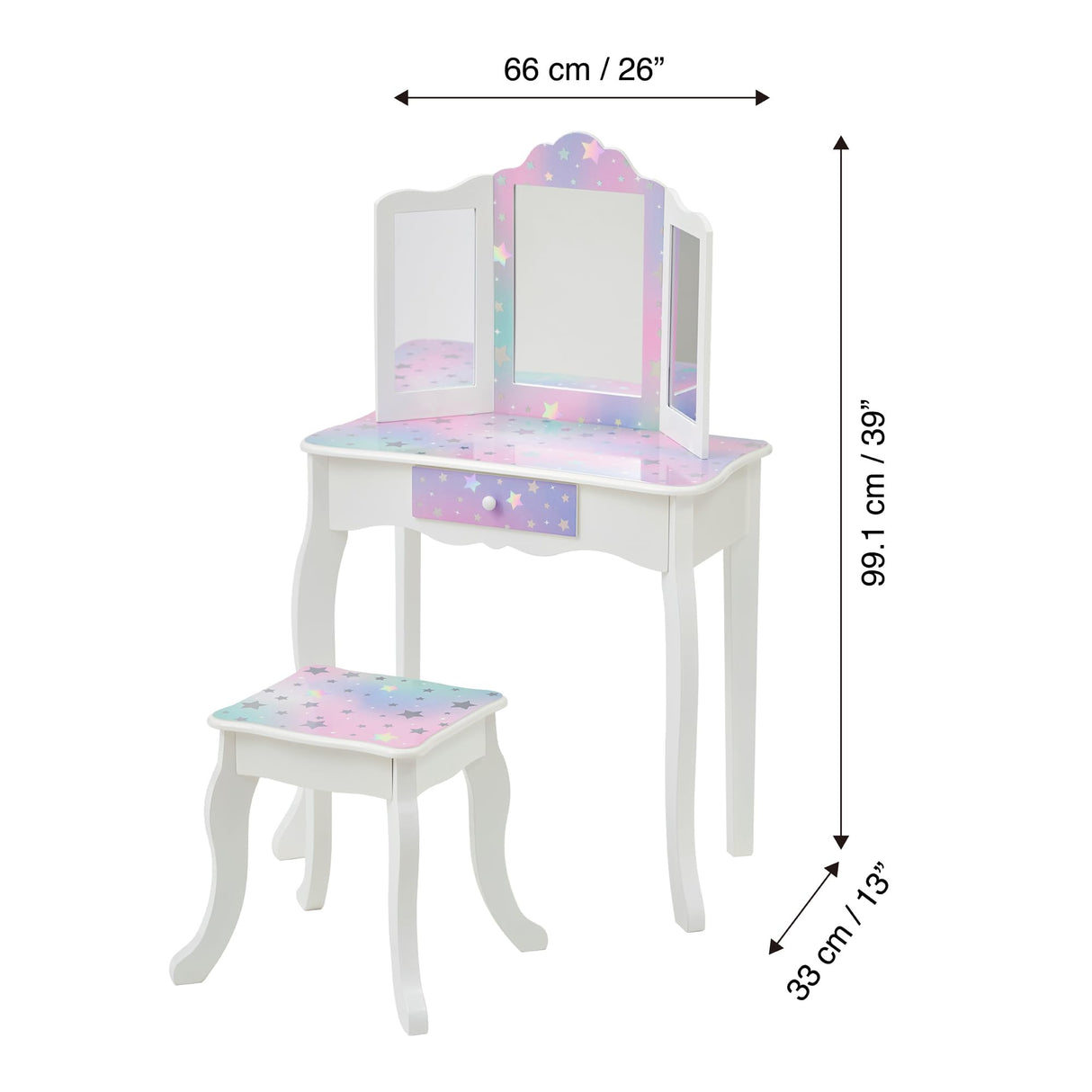 Princess Gisele Starry Sky Print 2-Piece Kids Wooden Play Vanity Set with Vanity Table