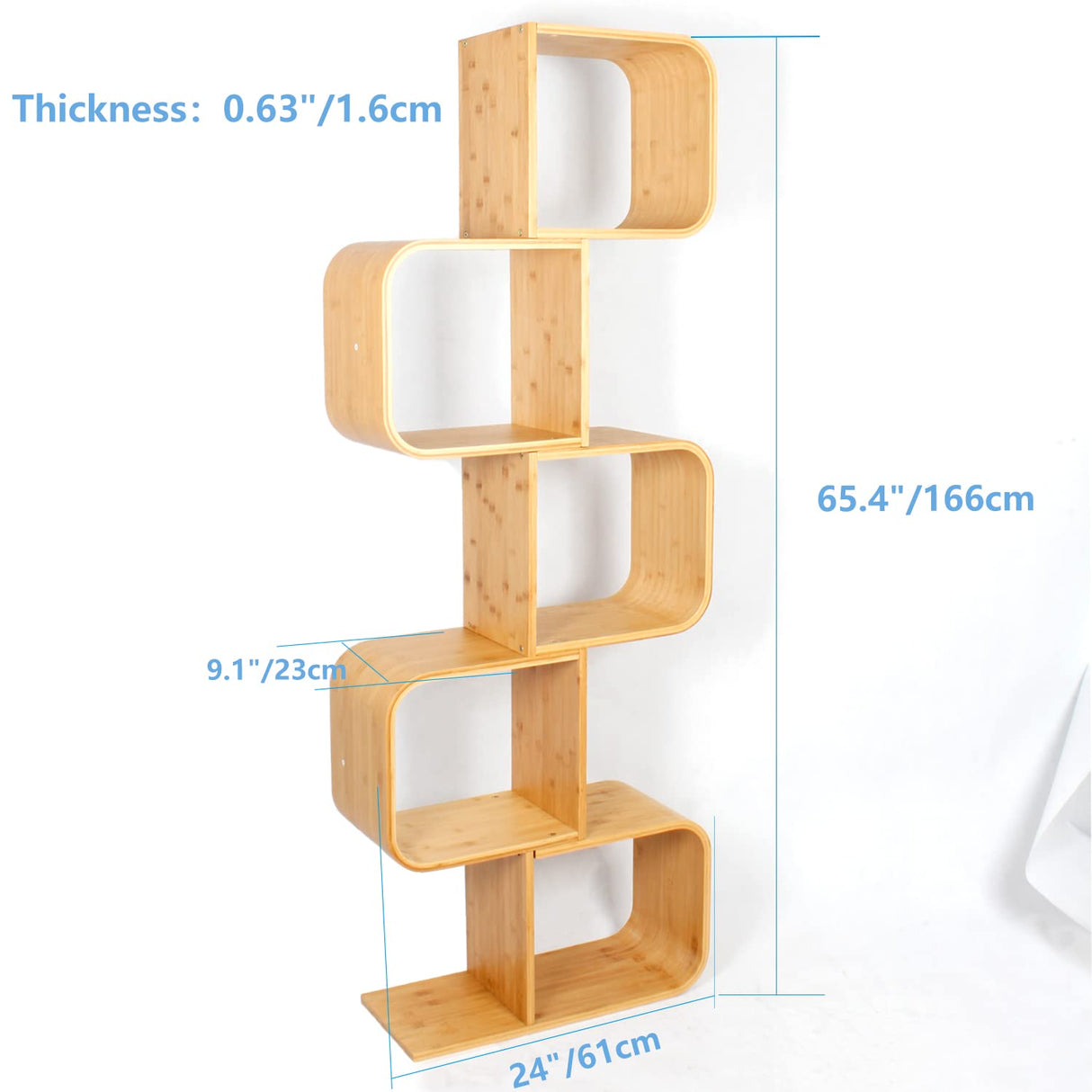 5-Tier S-Shaped Geometric Modern Bamboo Bookshelf, Large Capacity Creative Display Curved Rack Free