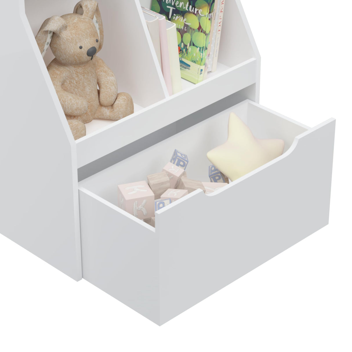 Cabinet Organizer with Drawer and Wheels, Wooden Kids Bookshelf Children's Book