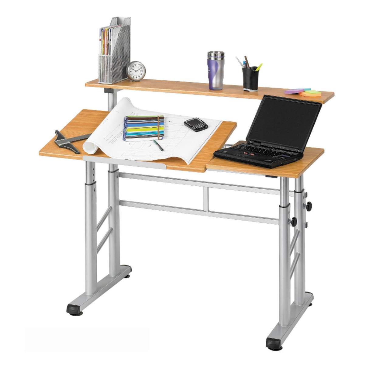 Split-Level Drafting Table Height Adjustable Sit-to-Stand, 29.5" to 37.5", Medium Oak