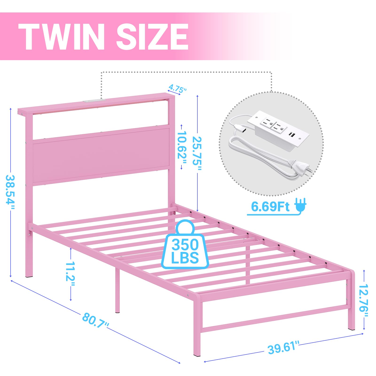 Twin Bed Frame with Storage, LED Lights & Charging Station
