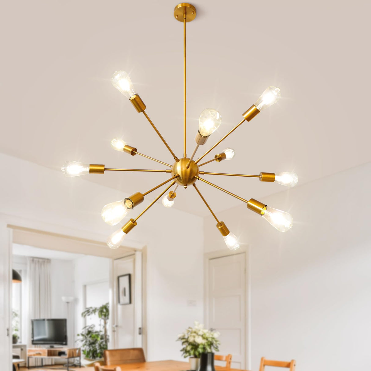 Gold Sputnik Chandeliers, 12 Lights Plating Golden Chandelier Light Fixture for Dining Room,