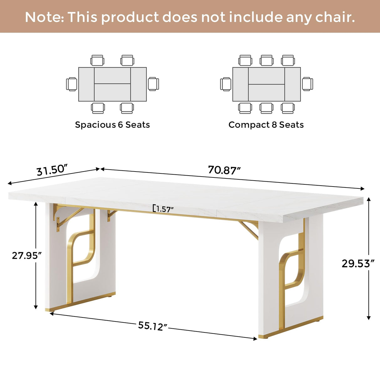 Condemo 71 inch Large Executive Office Desk, Simple Computer Desk Workstation, Modern Study Writing Table, Business Furniture for Home Office, Faux Marble, White and Gold