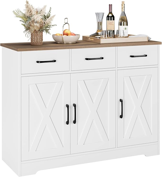 HOSTACK Modern Farmhouse Sideboard Buffet Cabinet, Barn Doors Buffet Storage Cabinet with Drawers and Shelves, Wood Coffee Bar Cabinet with Storage for Kitchen, Dining Room, Living Room, White