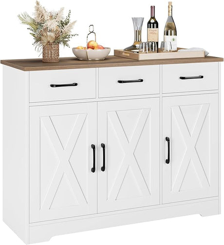 HOSTACK Modern Farmhouse Sideboard Buffet Cabinet, Barn Doors Buffet Storage Cabinet with Drawers and Shelves, Wood Coffee Bar Cabinet with Storage for Kitchen, Dining Room, Living Room, White