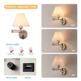 Swing Arm Wall Sconces, Plug-in Wall lamp,Bedroom Wall lamp ， White Fabric Shade，，with dimmable Switch and USB Charging Port, Suitable for Bedside, Living Room, Reading (Nickel)
