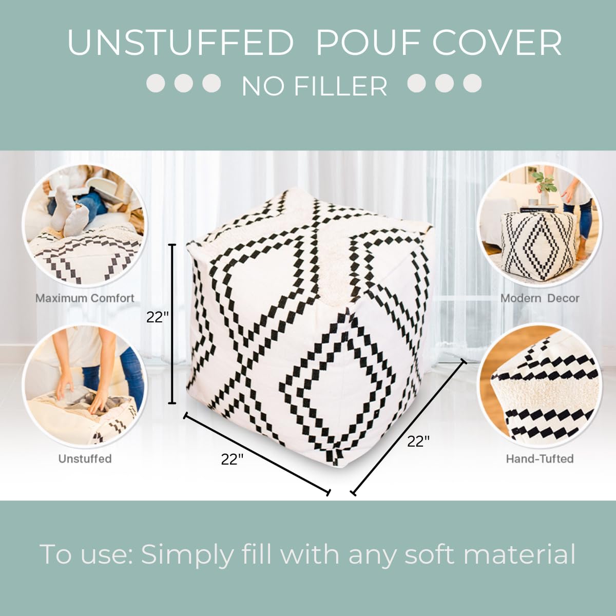 Unstuffed Boho Pouf Ottoman Cover – Modern Bohemian Living Room Decor