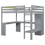 Full Size Loft Bed with Storage Shelves and Hanging Rod, Wooden Highloft Bedframe