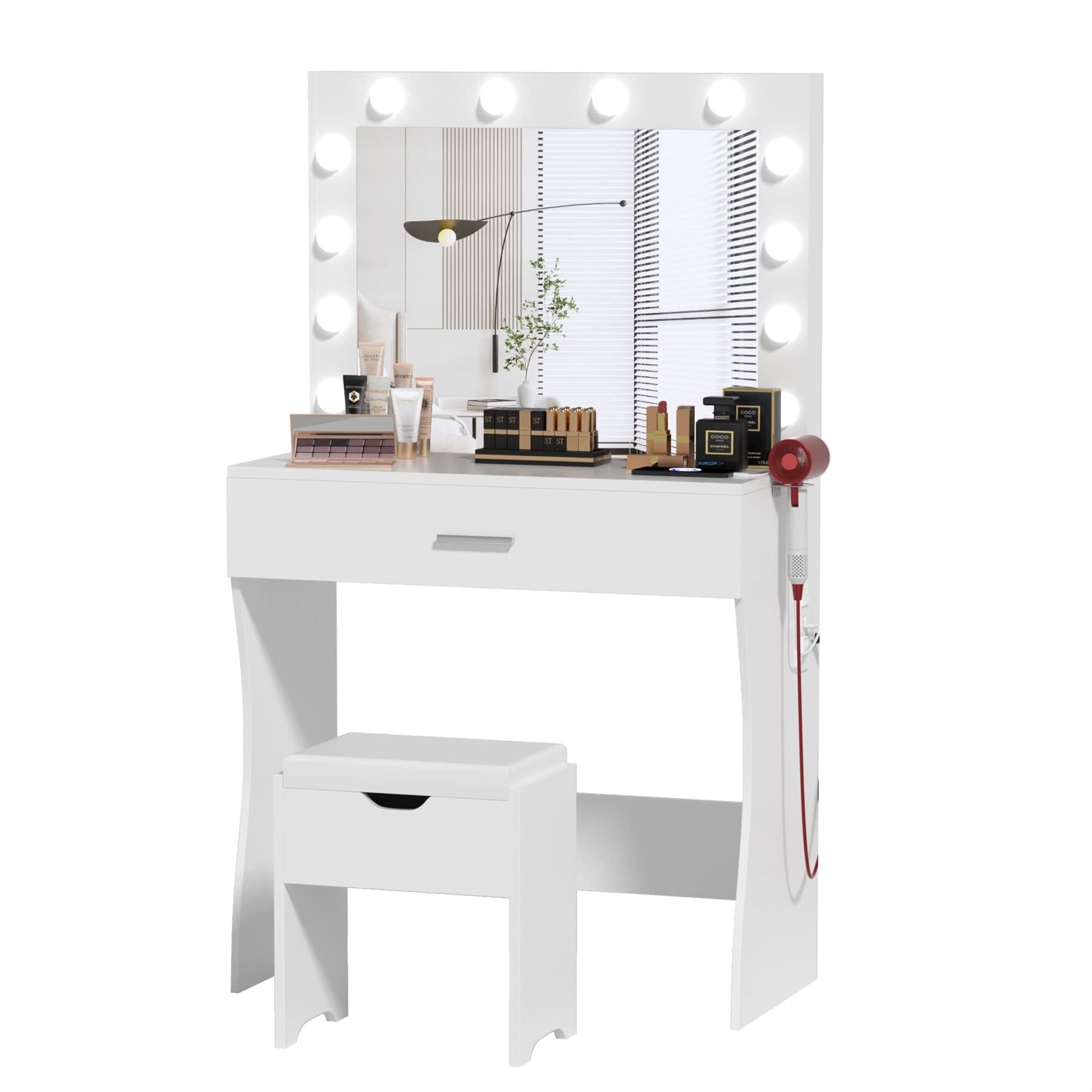 Desk with Mirror and 12 Lights 3 Color Modes, White Vanity Table for Bedroom