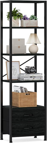 5-Tier Corner Shelf, Narrow Bookshelf with 2 Storage Drawers, Tall Bookcase, Standing