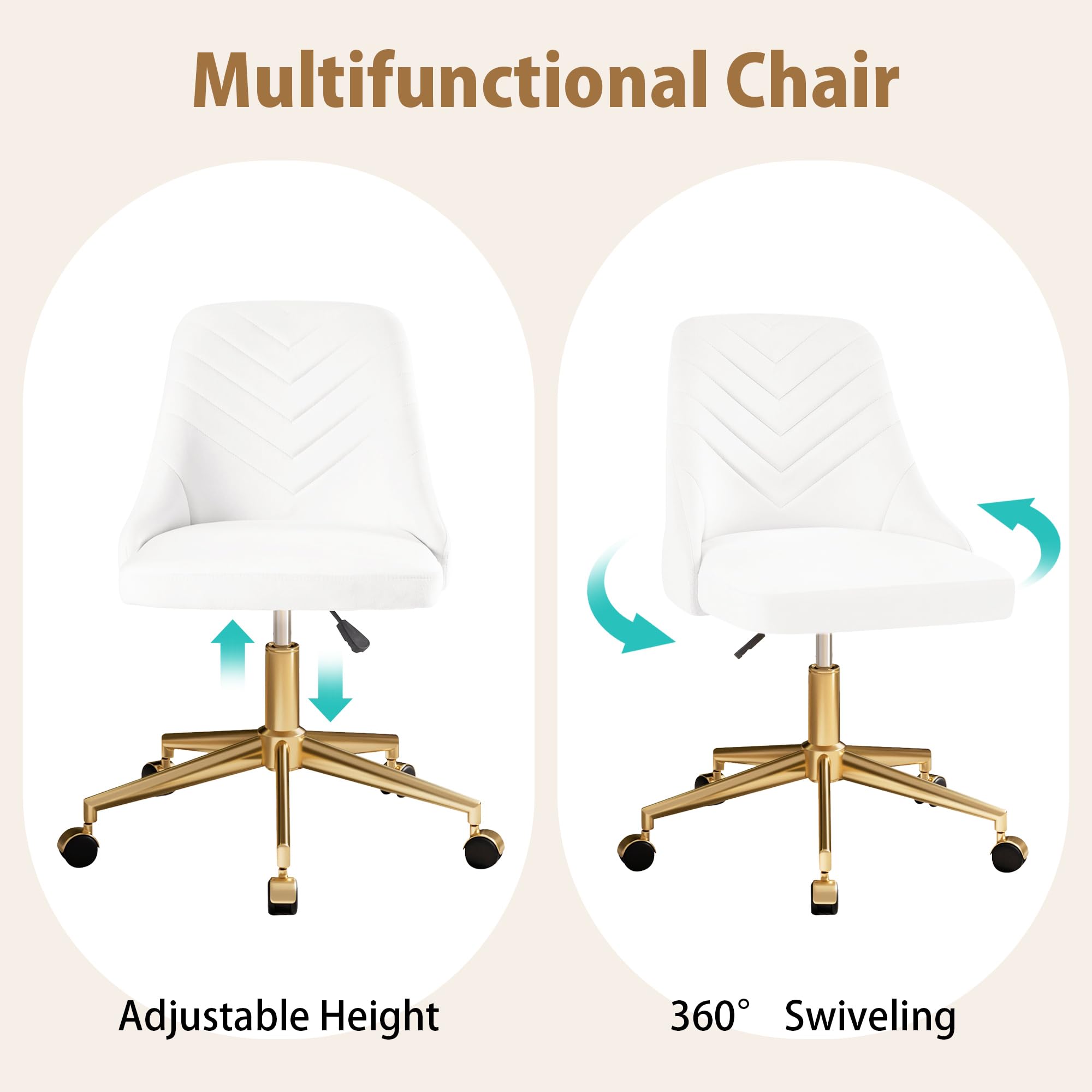 Velvet Vanity Desk Chair - Height Adjustable Swivel Office Chair with Gold Base