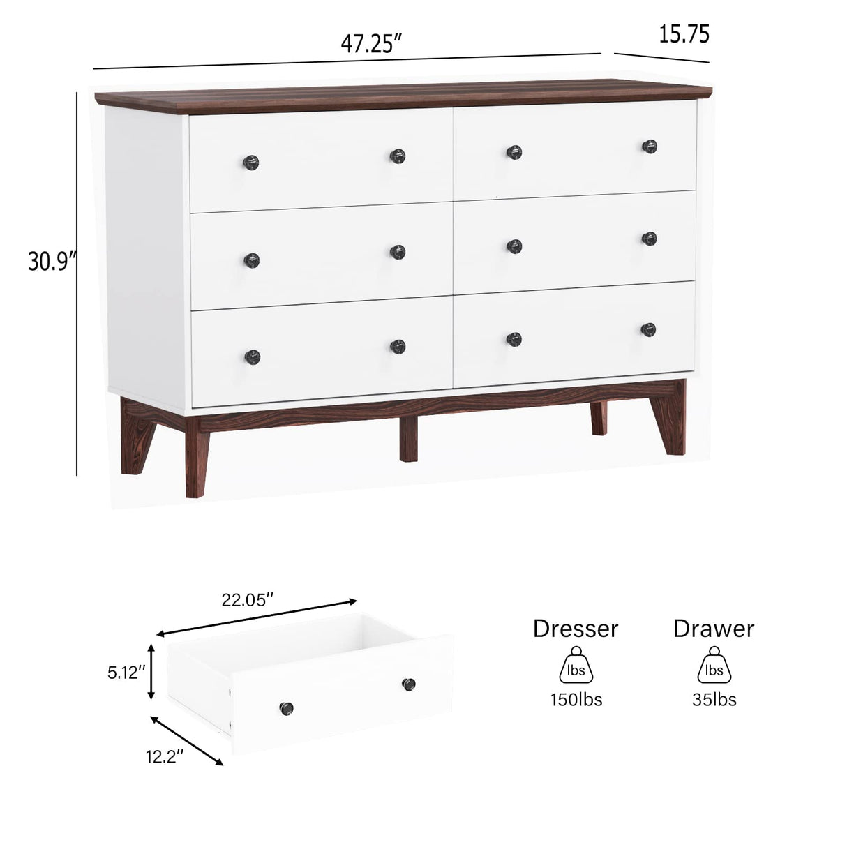 6-Drawer Double Dresser with Wide Drawers,White Dresser for Bedroom