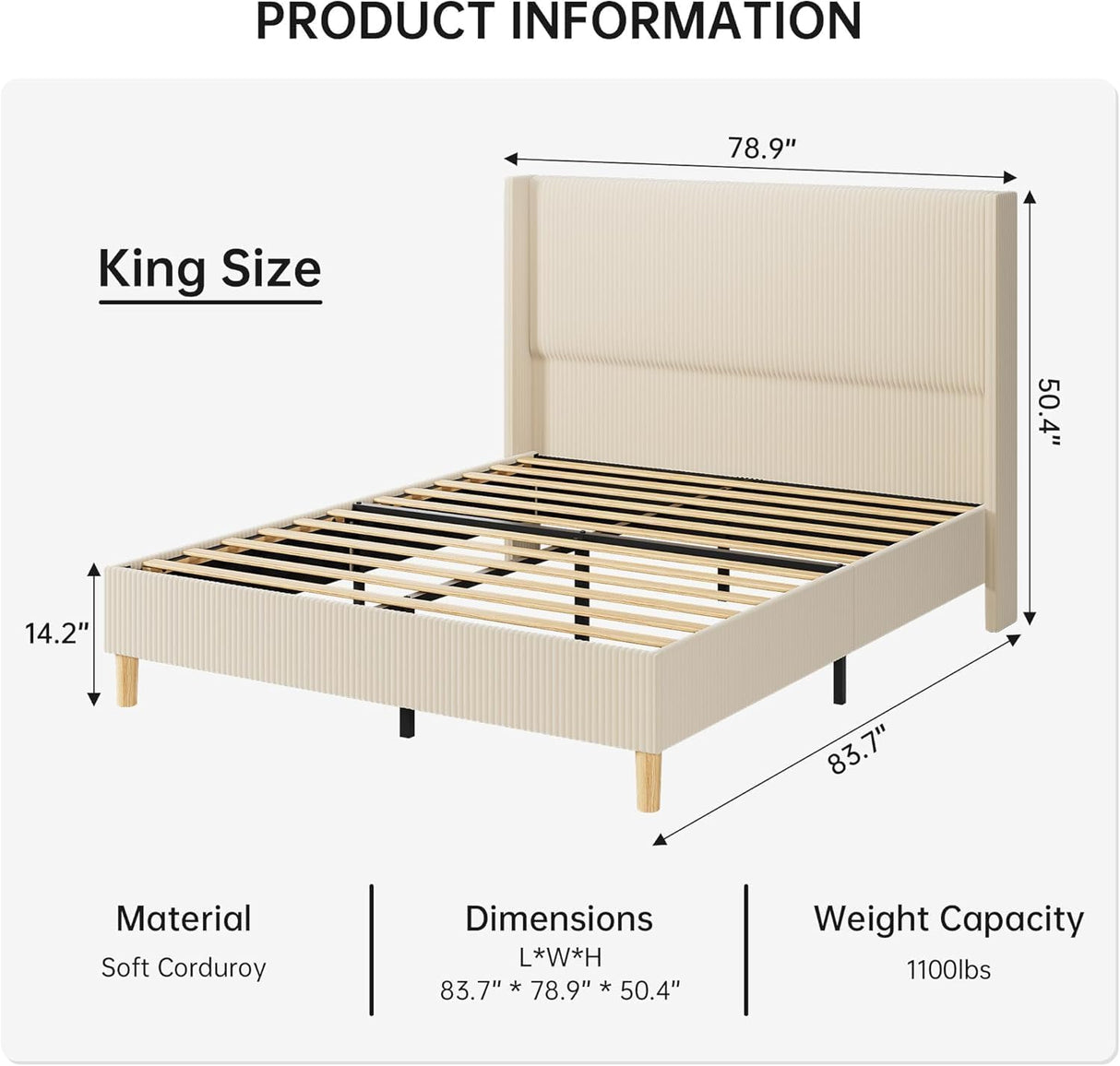 King Size Corduroy Upholstered Platform Bed Frame with 51" Wingback Headboard