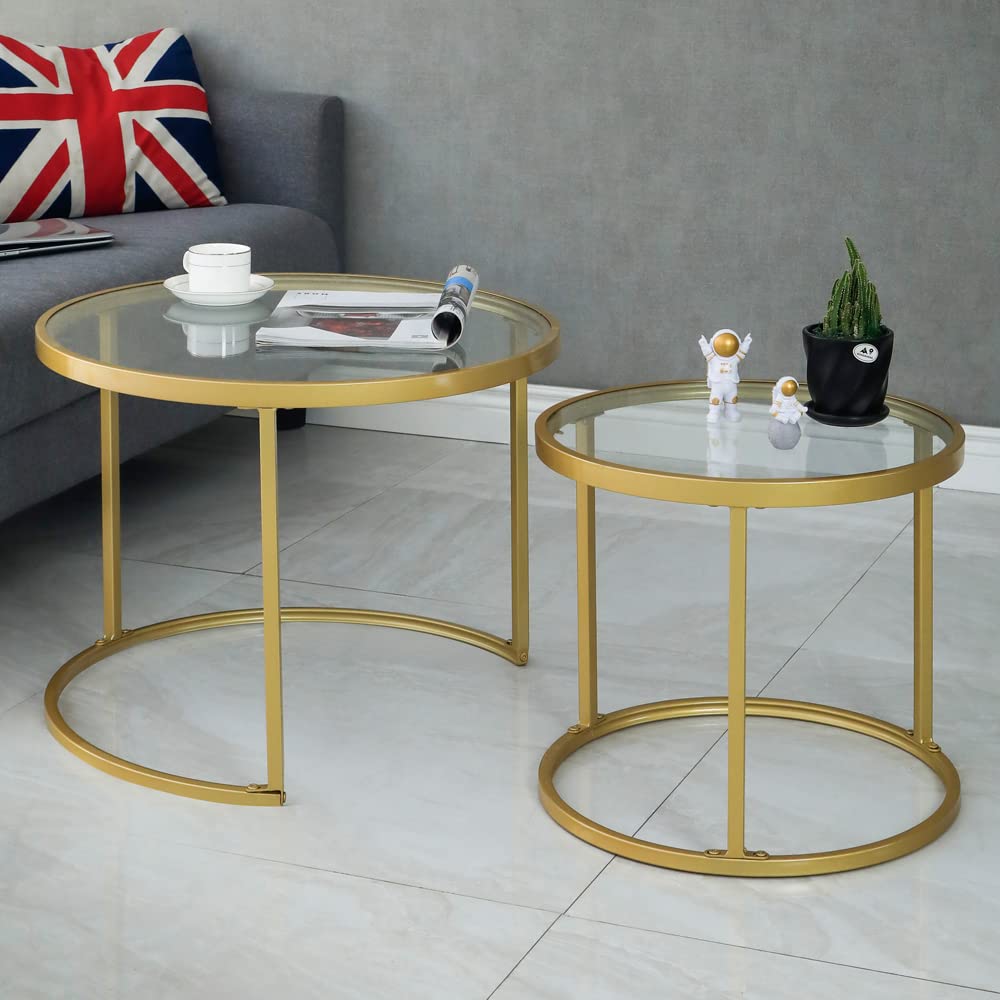 Round Nesting Coffee Table Gold Set of 2 for Living Room, Modern Side Tables