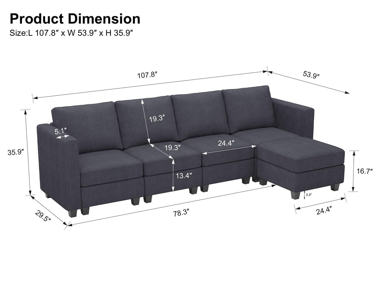 Modular Sectional Couch with Storage Ottoman L Shape Corduroy Sectional Sofa