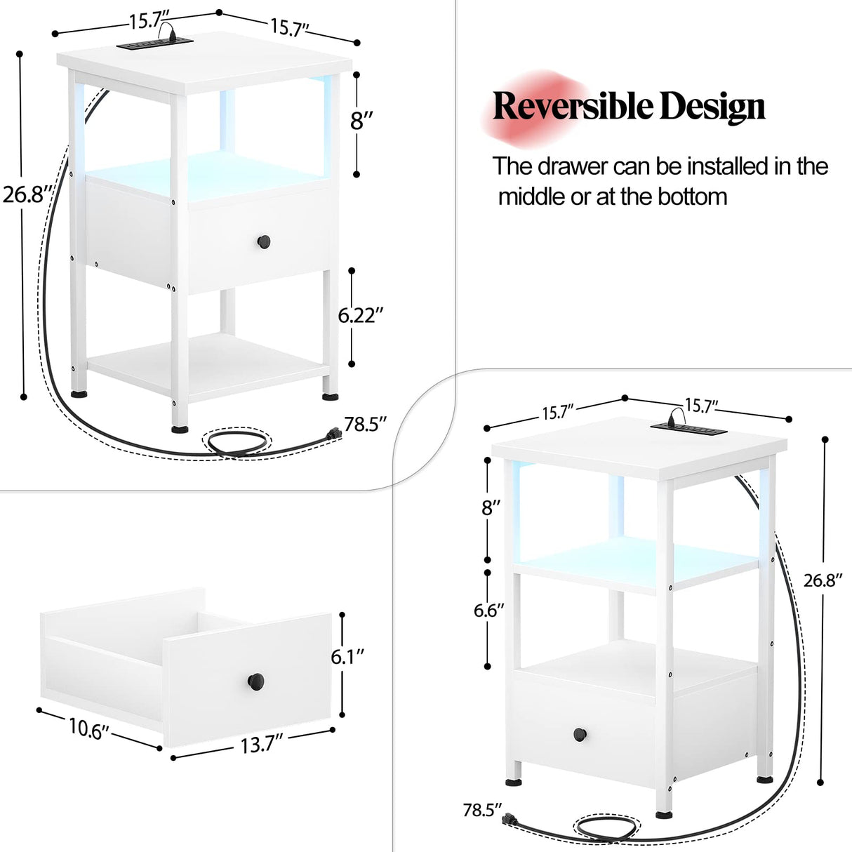 Nightstands Set of 2, 3-Tier Nightstand with LED Lights, 26.8'' Nightstands with Charging