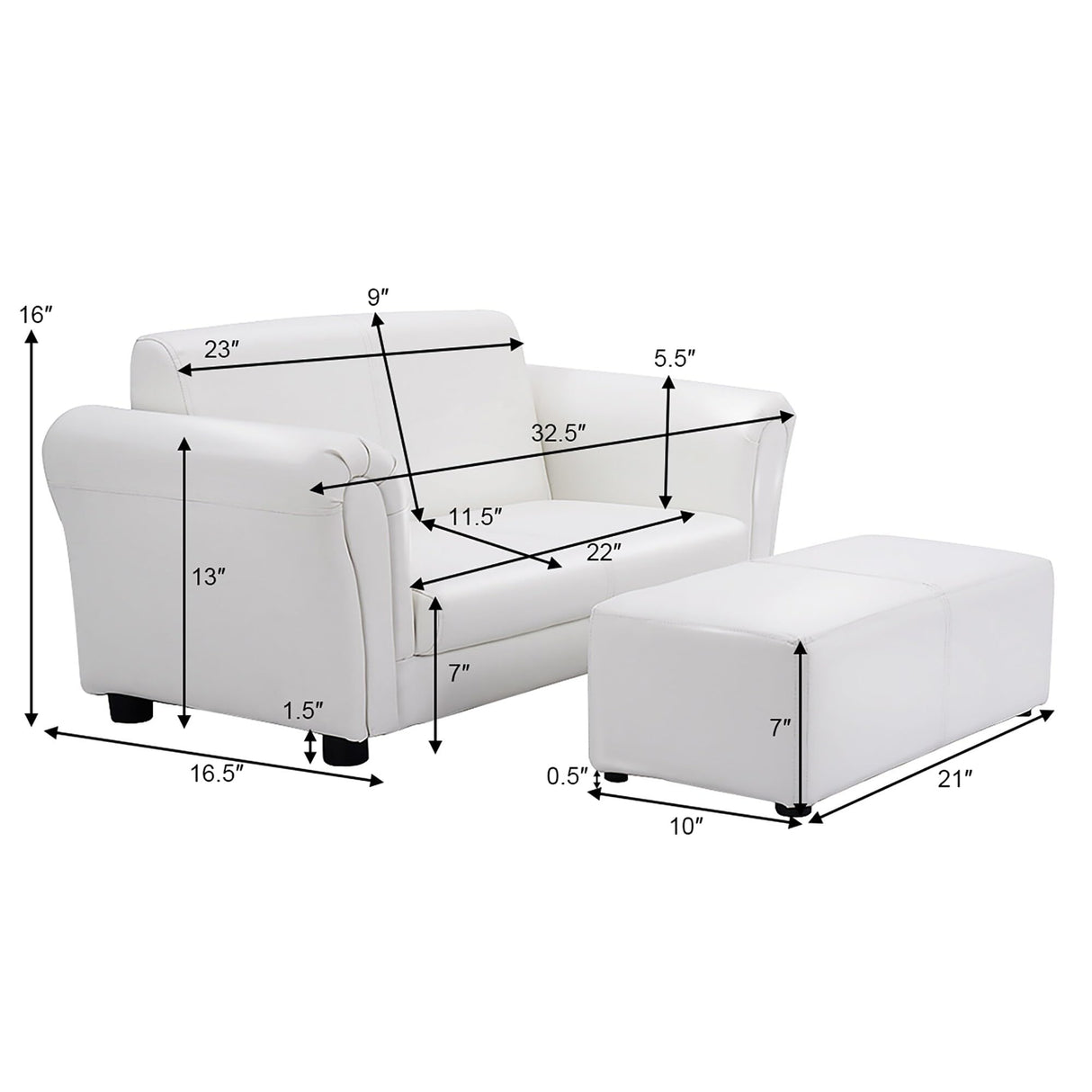 Children Sofa 2 Seat Armrest Chair Lounge with Footstool White