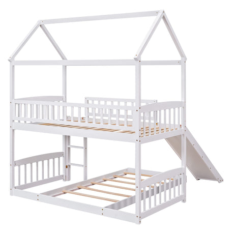 Loft Bed with Slide for Kids Bedroom,House Shaped Bunkbeds w/Safety Guardrails & Roof Design,Easy Assemble & No Box Spring Need & Space Saving Design, White