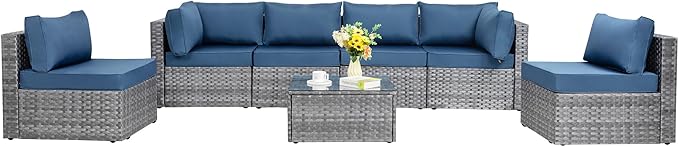 7 Pieces Outdoor Patio Sectional Sofa Couch, Silver Gray PE Wicker Furniture Conversation Sets