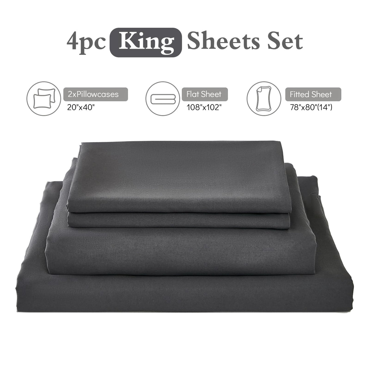 King Size Sheets Set, 4 Piece Microfiber Grey Bed Sheets King Set,Hotel Luxury Super