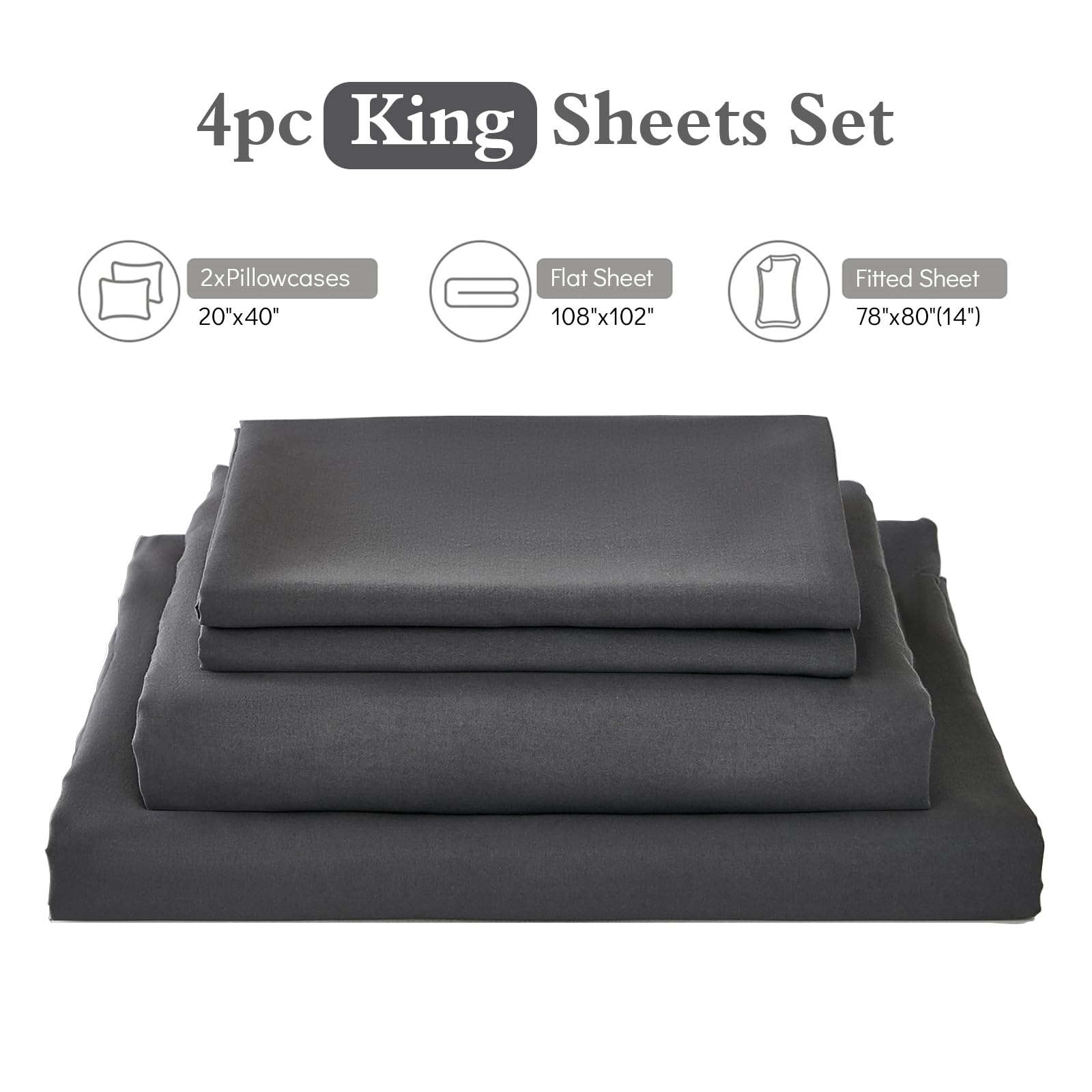 King Size Sheets Set, 4 Piece Microfiber Grey Bed Sheets King Set,Hotel Luxury Super
