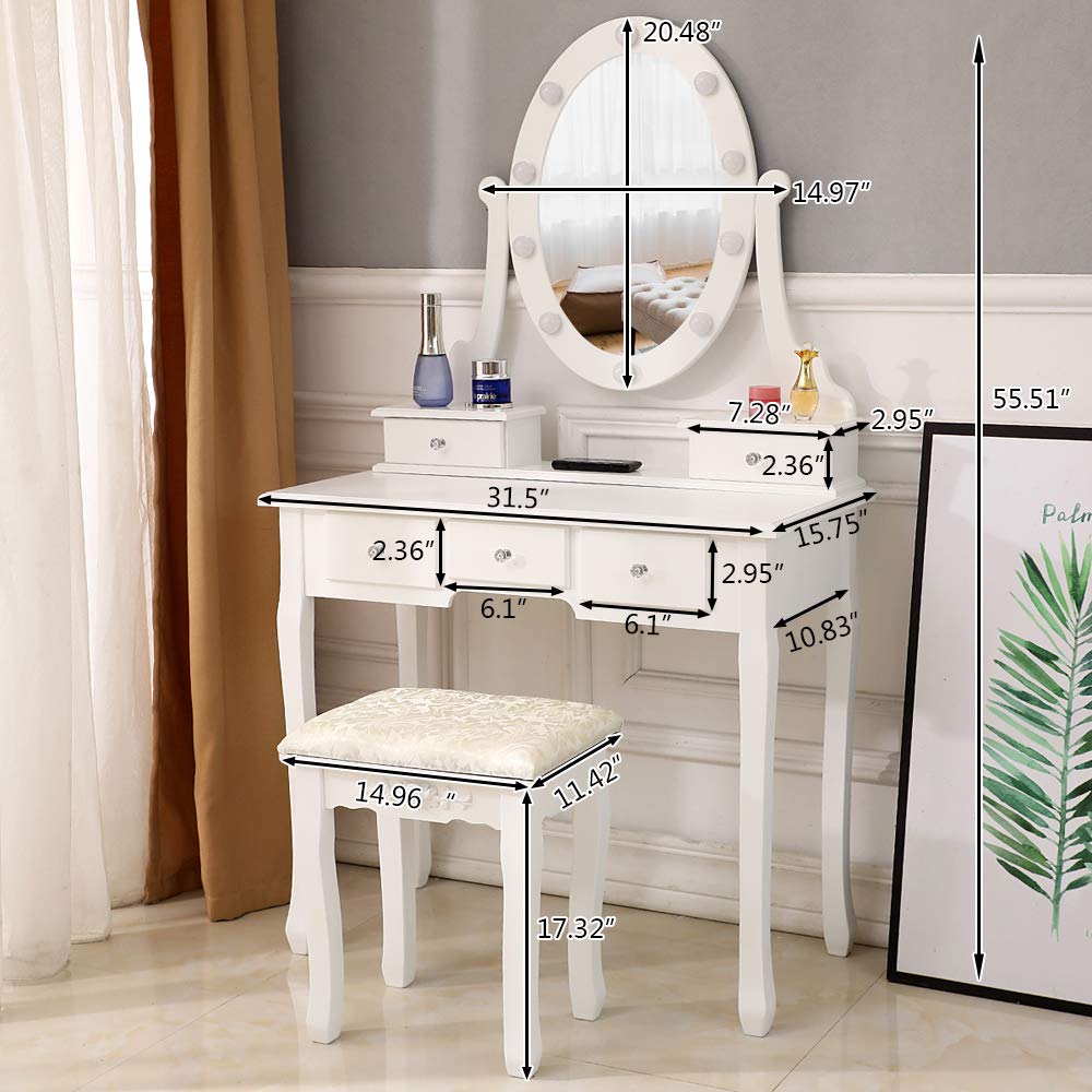 Light Bulb Single Mirror 5 Drawer Dressing Table White，Vanity Table with Mirrors,Makeup