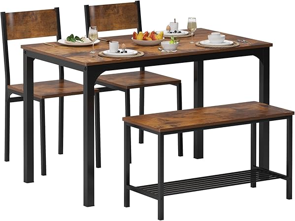 4 Piece Dining Table Set, Dining Room Set, Kitchen Dinner Table with Benches for 4