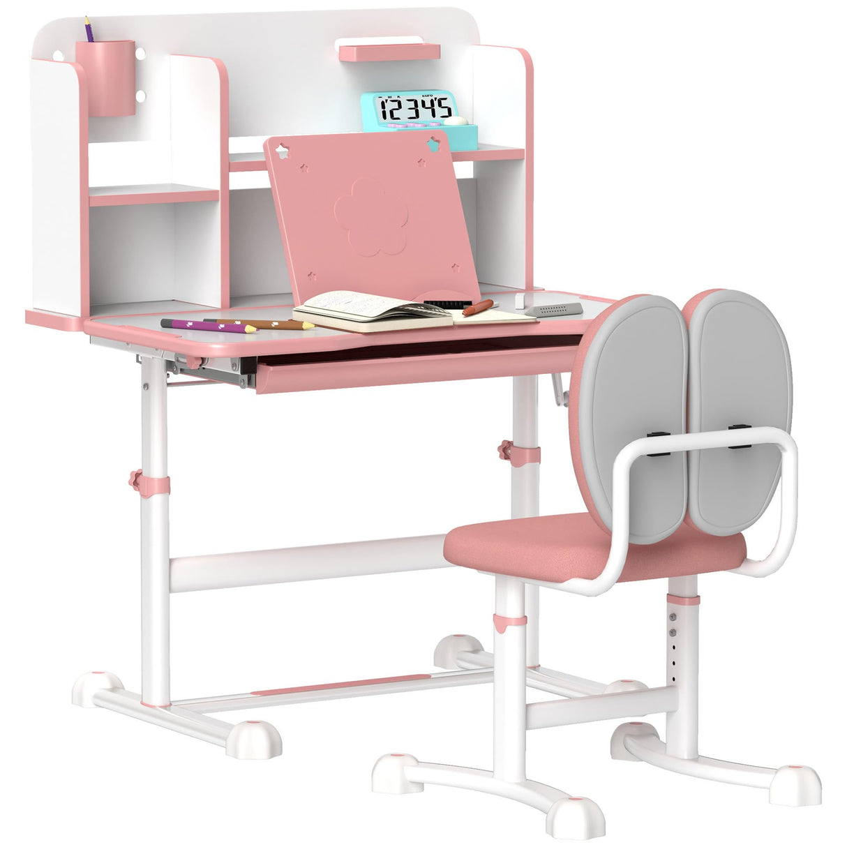 chair Set, Height Adjustable Kids School Study Desk and Chair Set with Tilt Desktop, Storage Drawer and Reading Rack for Writing, Reading and Drawing, Pink